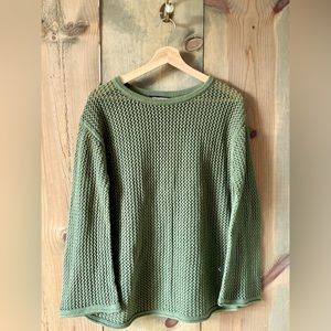 Banana Republic open knit sweater in olive green, with wide tapered sleeves.
